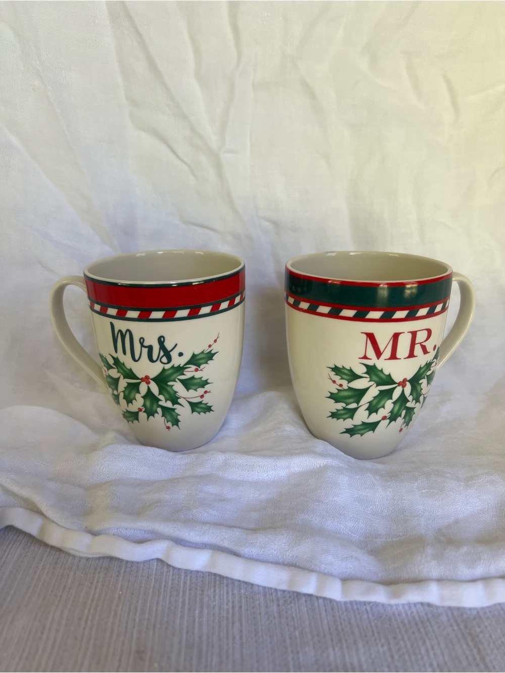 Lenox Cream Holiday 'Mr.' and 'Mrs.' Mugs with Green Holly and Red Rim